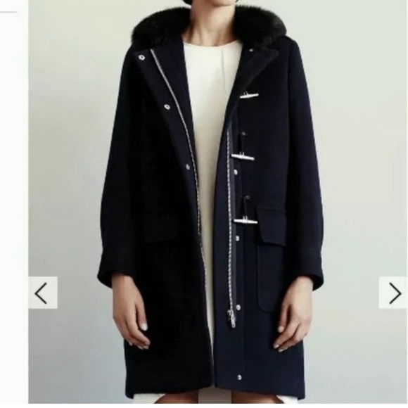 Club Monaco Navy Blue Lamb Fur Hooded Wool Coat Small - Picture 1 of 9